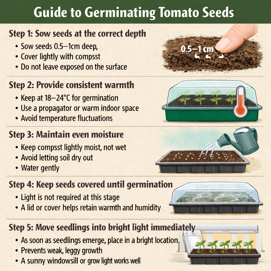 Stepbystep guide to germinating tomato seeds successfullyStep 1 Sow seeds at the correct depthSow seeds 051cm deepCover lightly with compostDo not lea-1