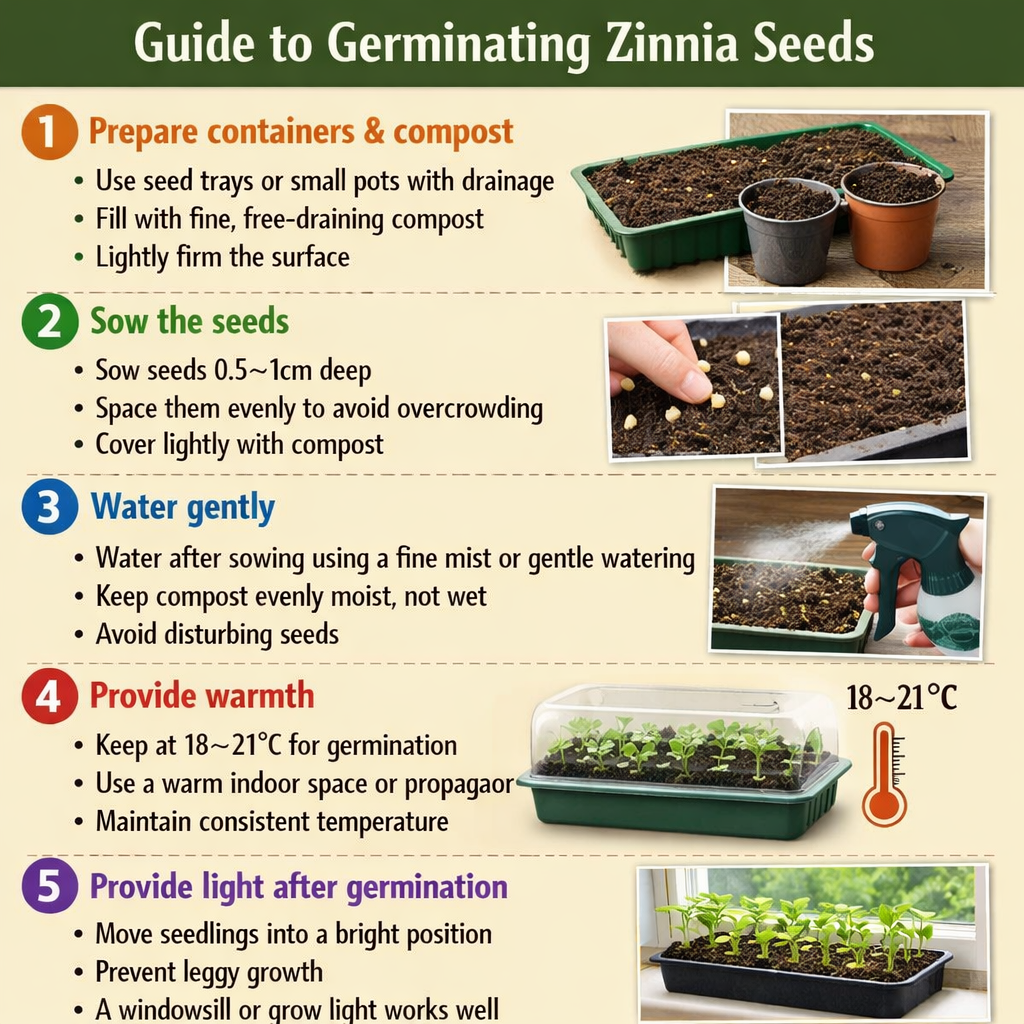Stepbystep guide to germinating zinnia seedsStep 1 Prepare containers and compostUse seed trays or small pots with drainageFill with fine freedraining