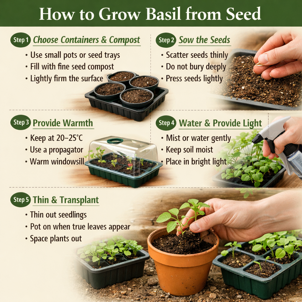 Stepbystep guide to growing basil from seedStep 1 Choose containers and compostUse small pots or seed trays with drainageFill with fine seed compostLi