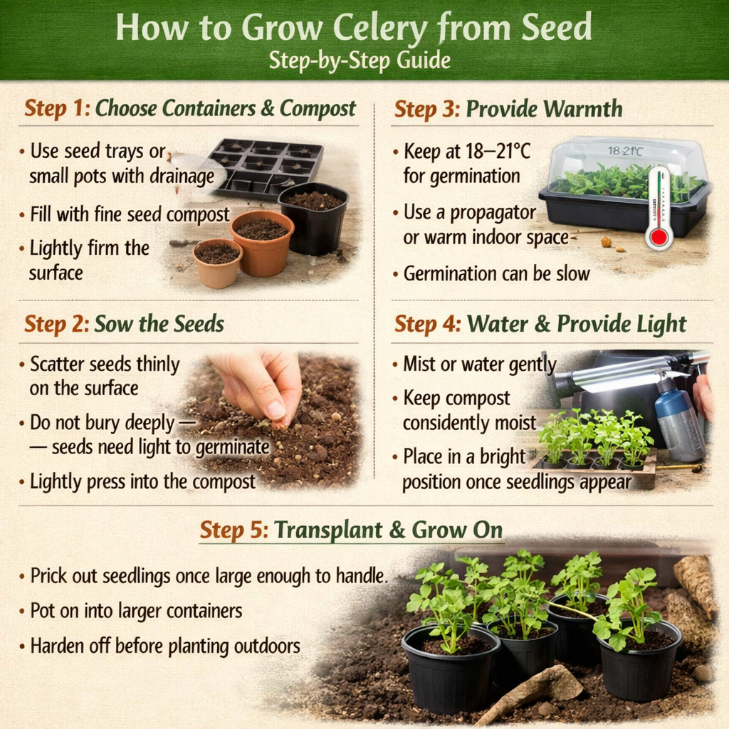 Stepbystep guide to growing celery from seedStep 1 Choose containers and compostUse seed trays or small pots with drainageFill with fine seed compostL-1