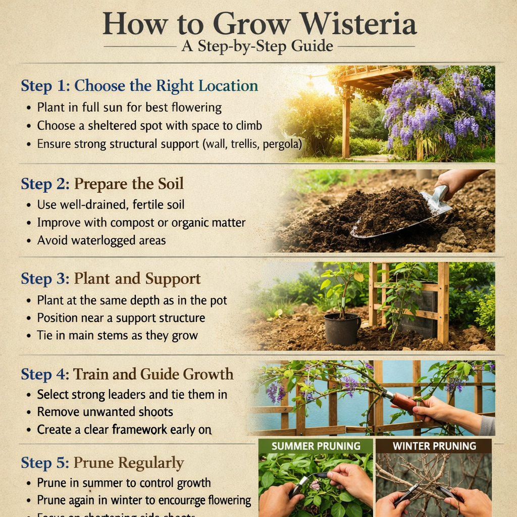 Stepbystep guide to growing wisteriaStep 1 Choose the right locationPlant in full sun for best floweringChoose a sheltered spot with space to climbEns-1
