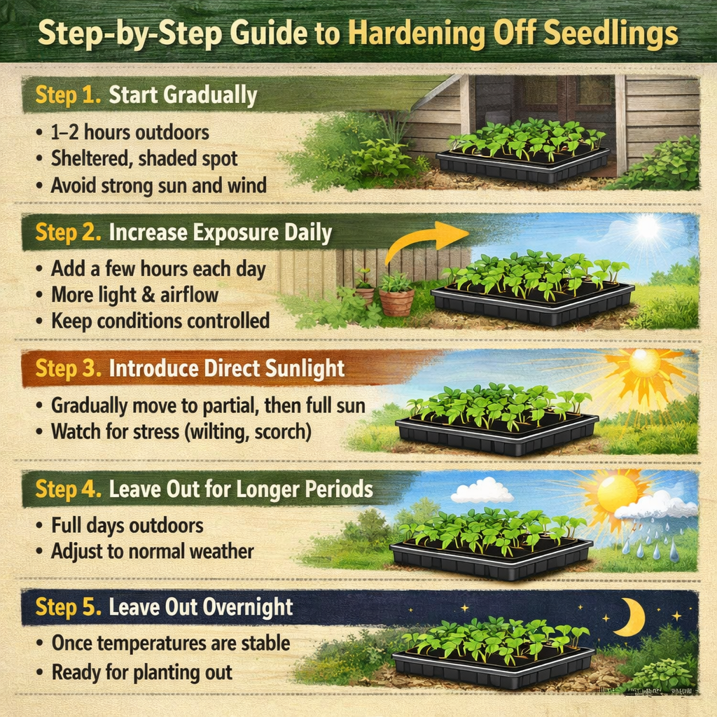 Stepbystep guide to hardening off seedlingsStep 1 Start graduallyBegin with 12 hours outdoorsChoose a sheltered shaded spotAvoid strong sun and windSt
