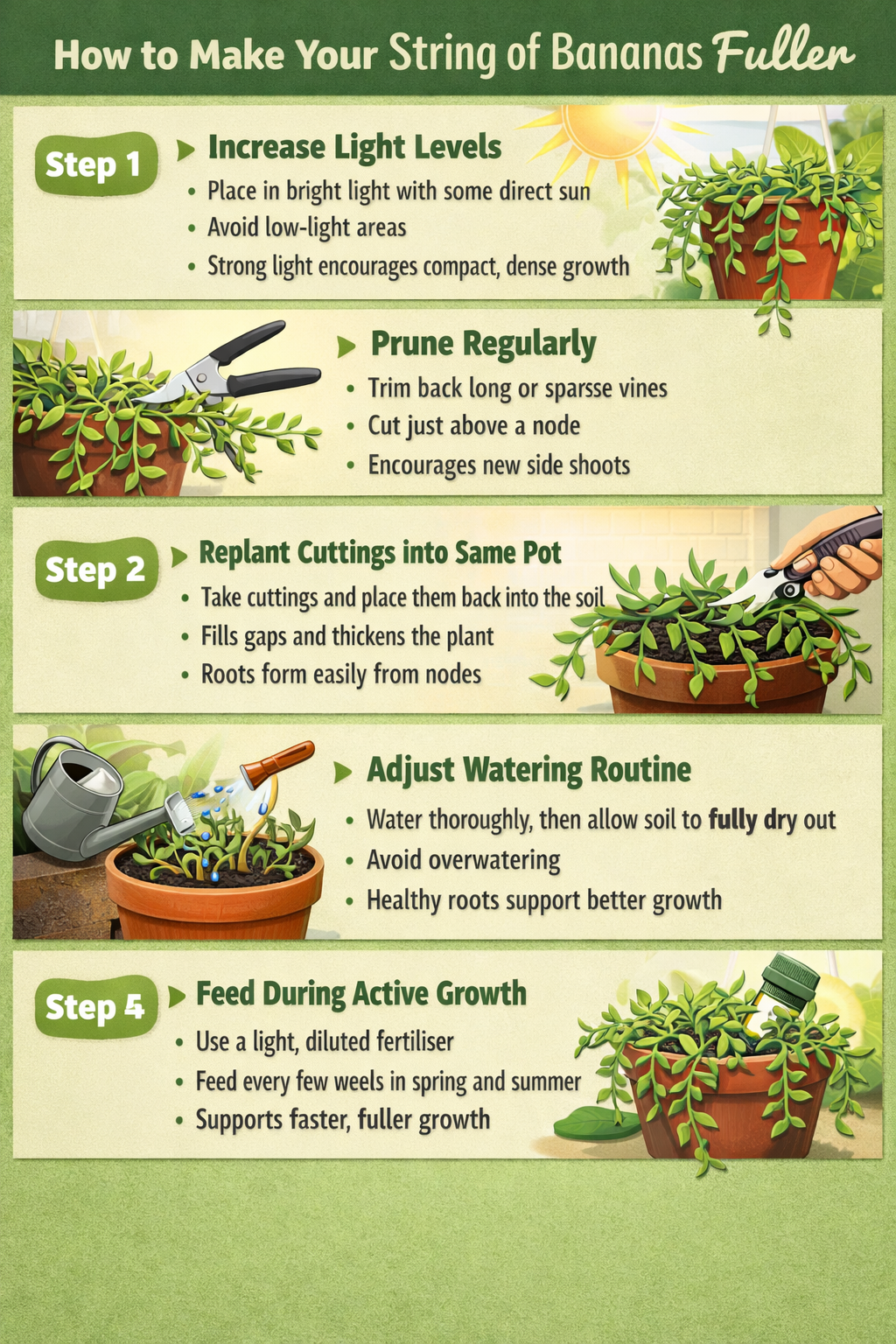 Stepbystep guide to making String of Bananas fullerStep 1 Increase light levelsPlace in bright light with some direct sunAvoid lowlight areasStrong li
