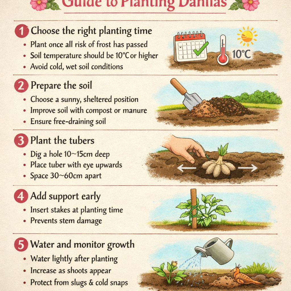 Stepbystep guide to planting dahliasStep 1 Choose the right planting timePlant once all risk of frost has passedSoil temperature should be 10C or high-1