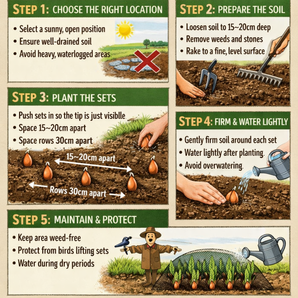 Stepbystep guide to planting shallotsStep 1 Choose the right locationSelect a sunny open positionEnsure welldrained soilAvoid heavy waterlogged areasS-1