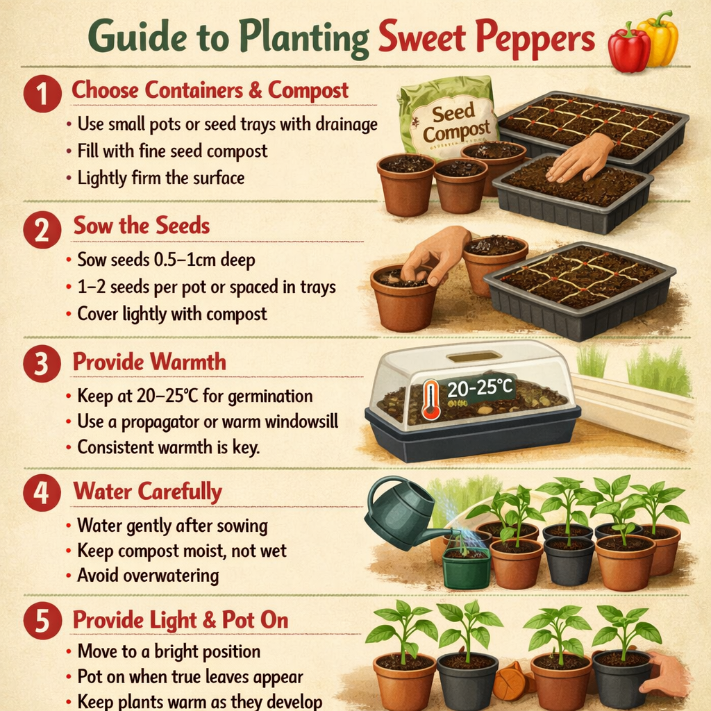 Stepbystep guide to planting sweet peppersStep 1 Choose containers and compostUse small pots or seed trays with drainageFill with fine seed compostLig-1