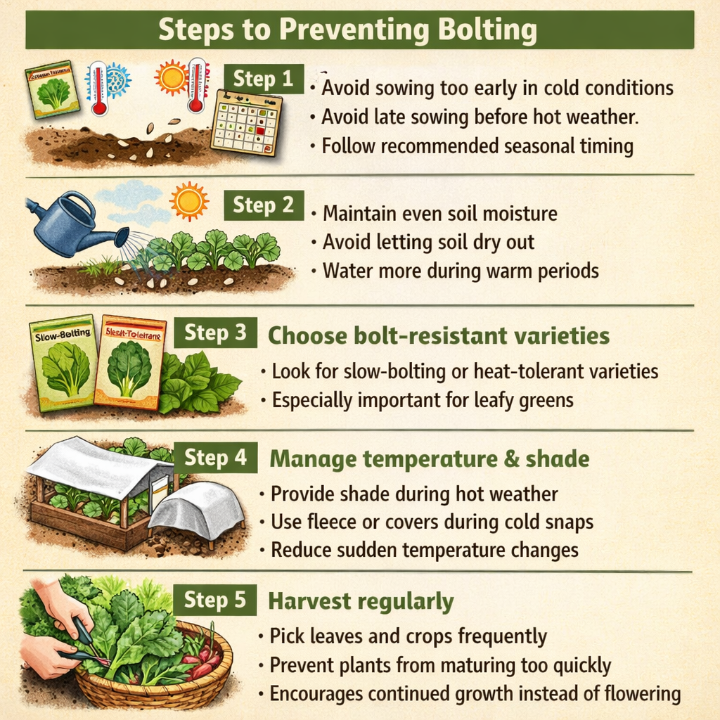 Stepbystep guide to preventing boltingStep 1 Sow at the right timeAvoid sowing too early in cold conditionsAvoid late sowing before hot weatherFollow