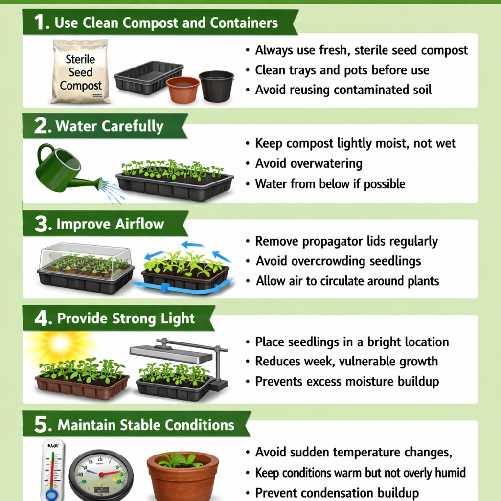 Stepbystep guide to preventing damping offStep 1 Use clean compost and containersAlways use fresh sterile seed compostClean trays and pots before useA