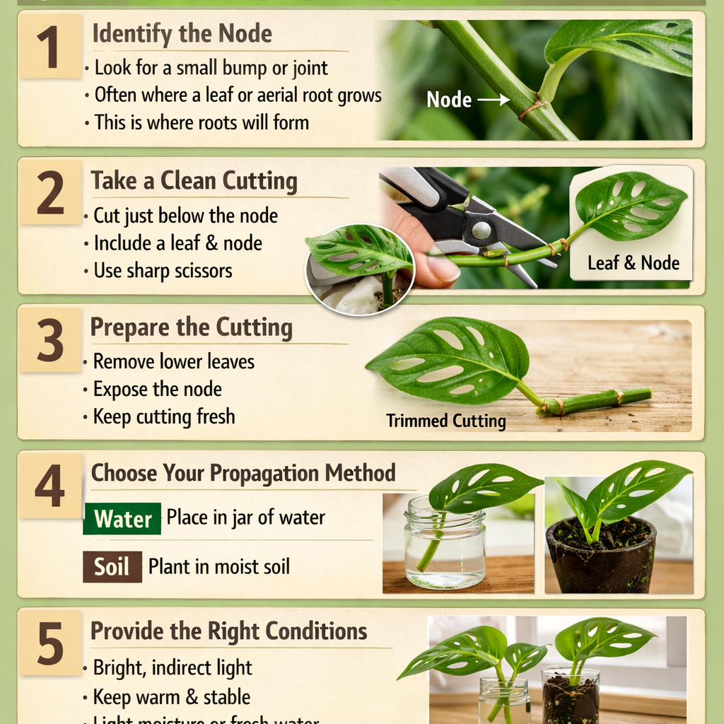 Stepbystep guide to propagating Monstera adansoniiStep 1 Identify the nodeLook for a small bump or joint on the stemOften where a leaf or aerial root