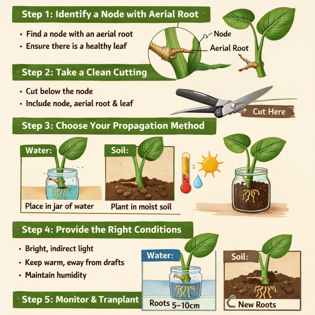 Stepbystep guide to propagating monsteraStep 1 Identify a node with an aerial rootLook for a node bump on the stem where roots growEnsure there is a v