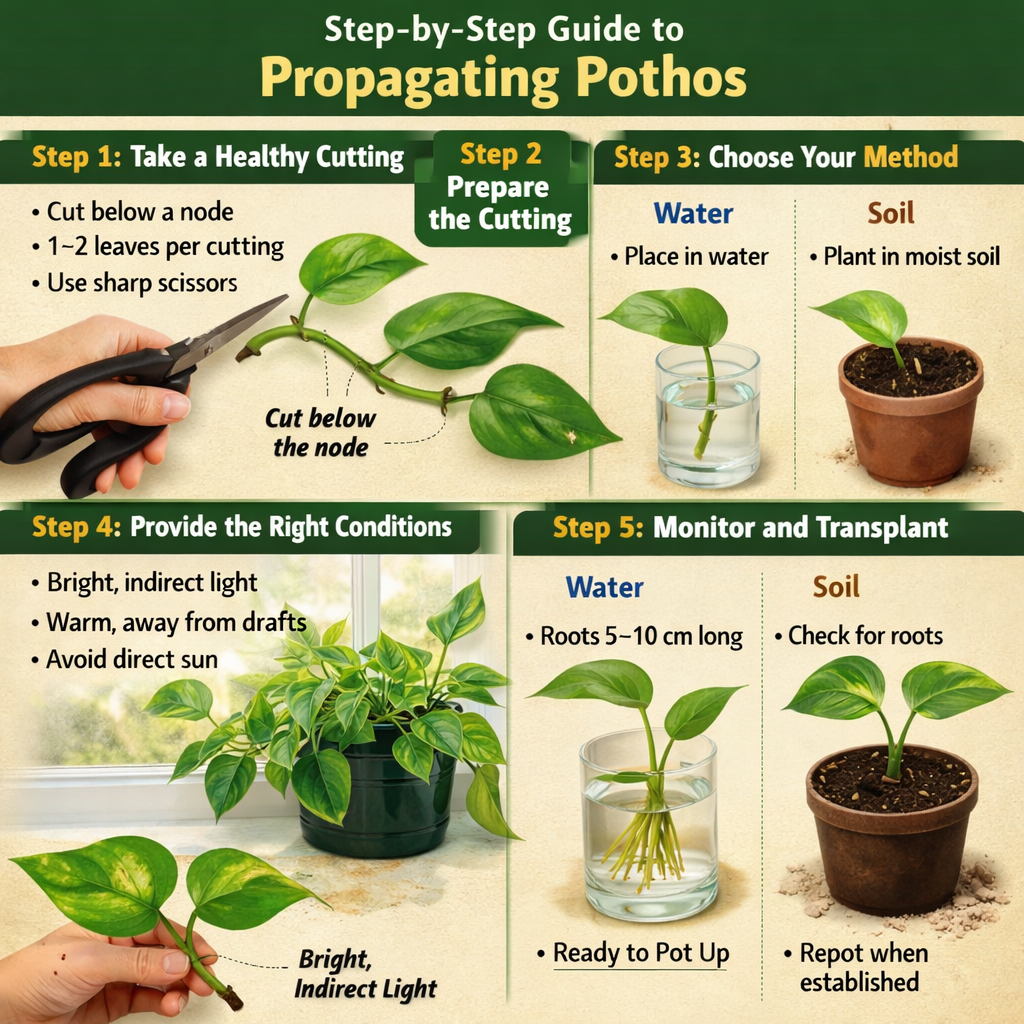Stepbystep guide to propagating pothosStep 1 Take a healthy cuttingCut a vine just below a node where leaves and roots formEnsure each cutting has at