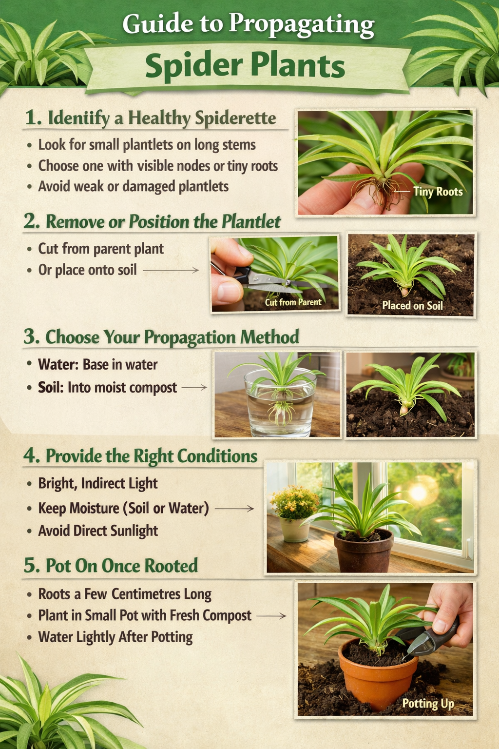 Stepbystep guide to propagating spider plantsStep 1 Identify a healthy spideretteLook for small plantlets on long stemsChoose one with visible nodes o-1