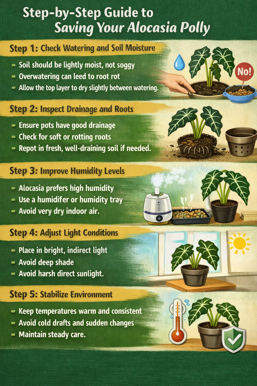 Stepbystep guide to saving your Alocasia PollyStep 1 Check watering and soil moistureSoil should be lightly moist not soggyOverwatering can lead to ro