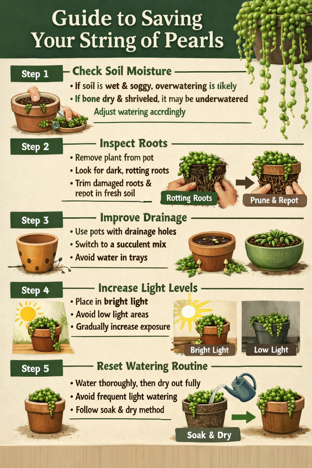 Stepbystep guide to saving your String of PearlsStep 1 Check soil moistureIf soil is wet or soggy overwatering is likelyIf bone dry and shriveled it m-1