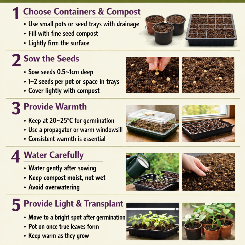 Stepbystep guide to sowing aubergine seedsStep 1 Choose containers and compostUse small pots or seed trays with drainageFill with fine seed compostLig-1