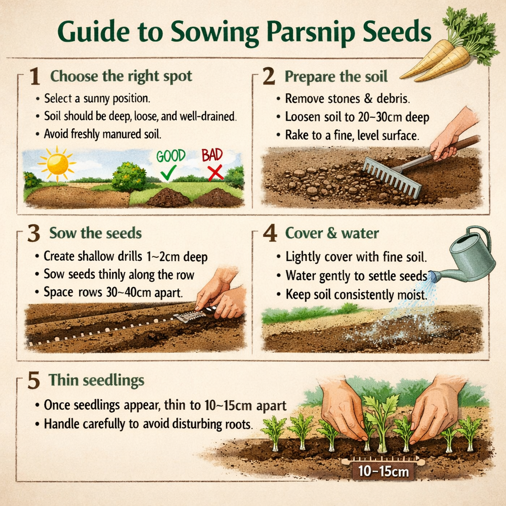 Stepbystep guide to sowing parsnip seedsStep 1 Choose the right spotSelect a sunny positionSoil should be deep loose and welldrainedAvoid freshly manu