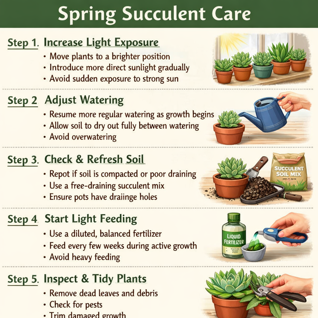 Stepbystep guide to spring succulent careStep 1 Increase light exposureMove plants to a brighter positionIntroduce more direct sunlight graduallyAvoid-1