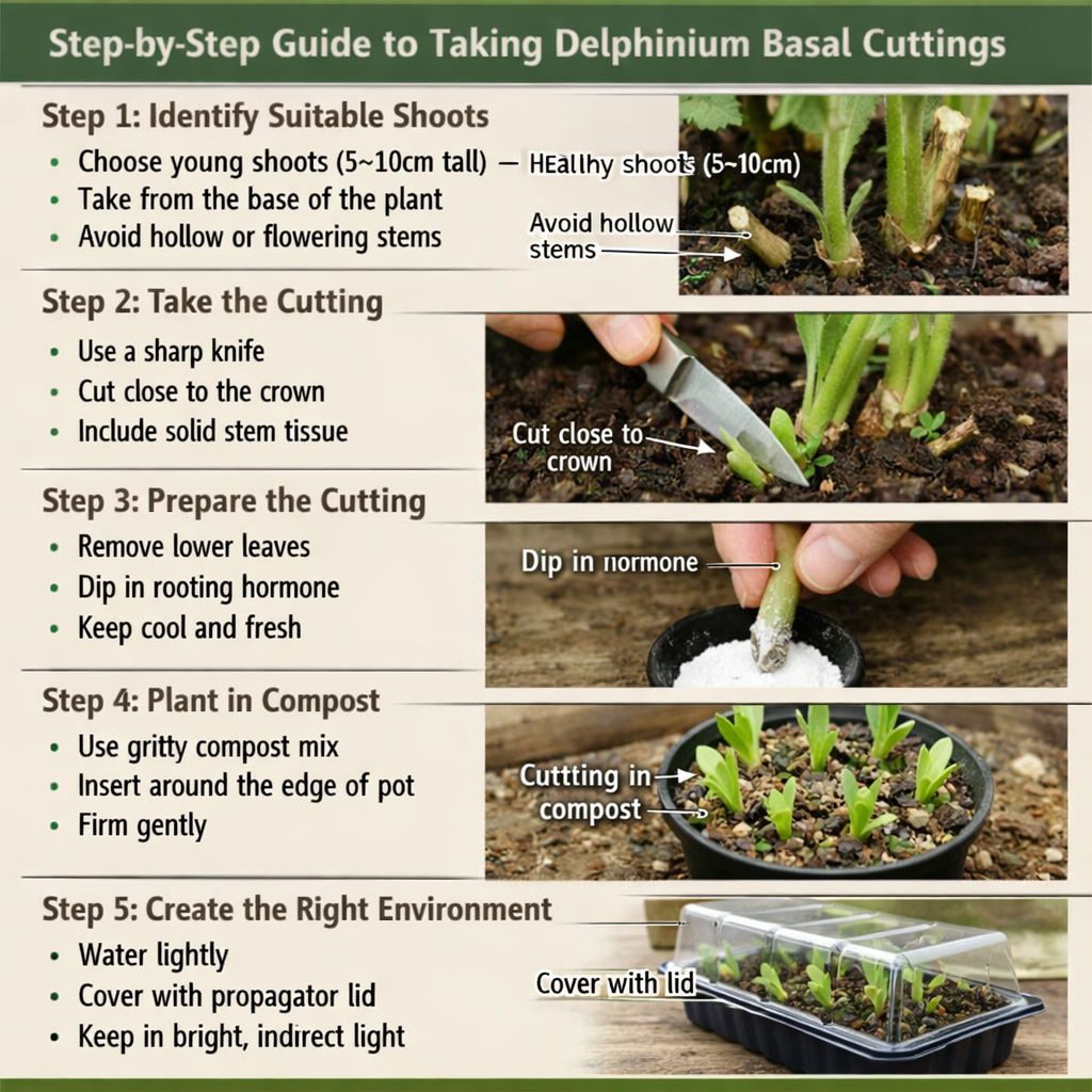 Stepbystep guide to taking delphinium basal cuttingsStep 1 Identify suitable shootsChoose young shoots 510cm tallTake from the base of the plantAvoid-1