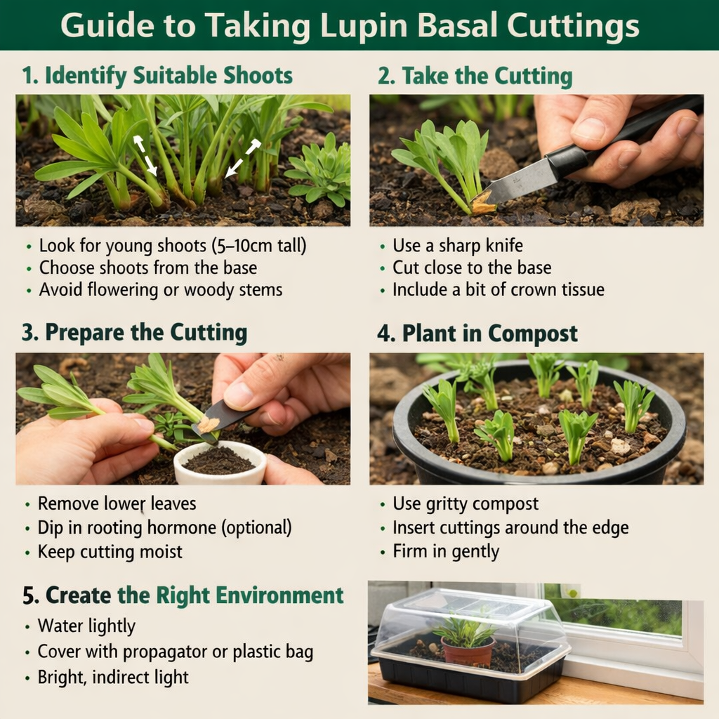 Stepbystep guide to taking lupin basal cuttingsStep 1 Identify suitable shootsLook for young shoots 510cm tallChoose shoots growing from the base of t