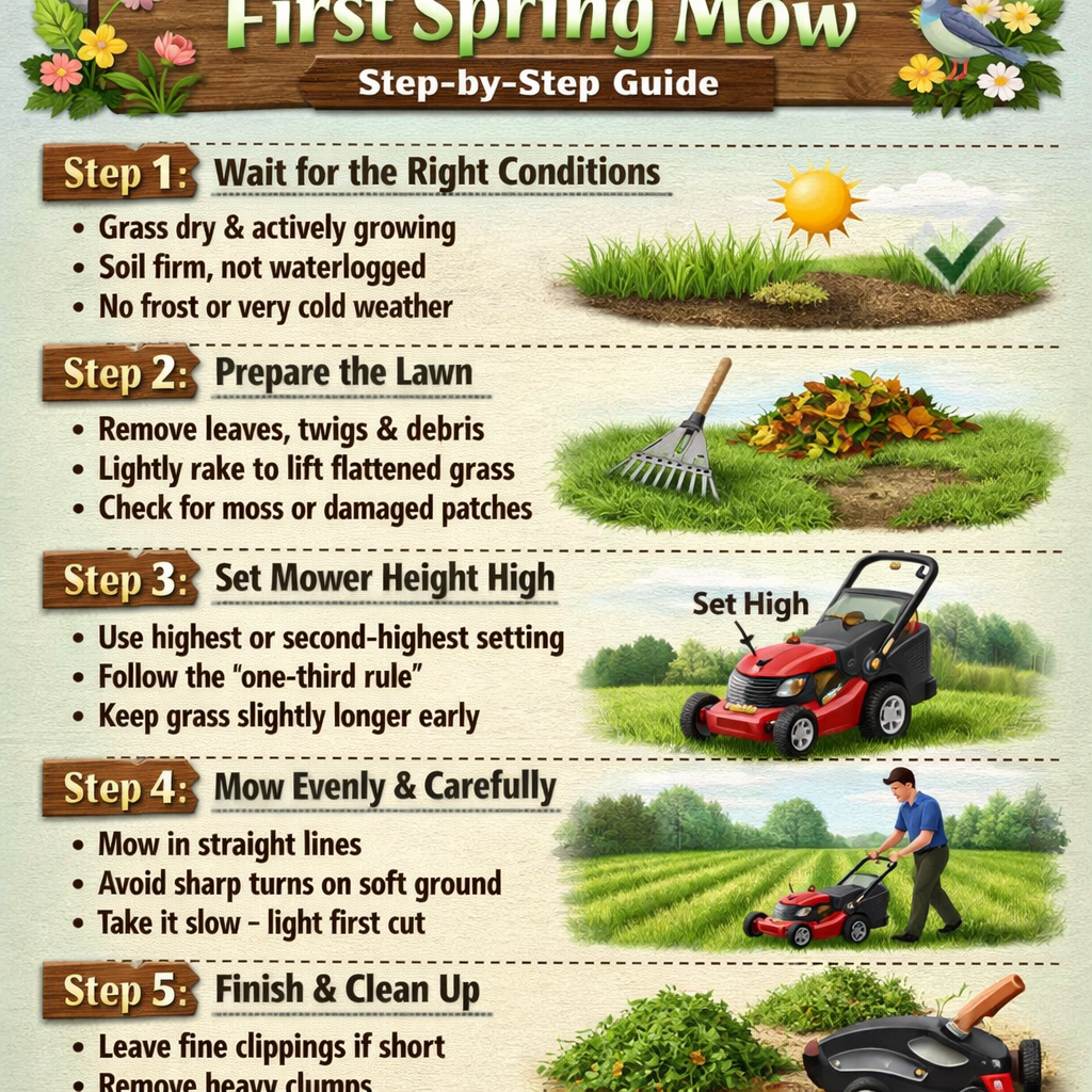 Stepbystep guide to the first spring mowStep 1 Wait for the right conditionsGrass should be dry and actively growingSoil should be firm not waterlogge-1