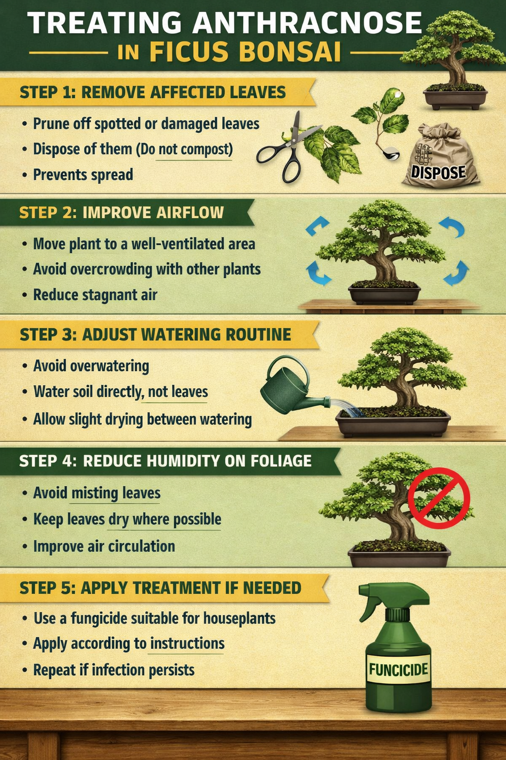 Stepbystep guide to treating anthracnose in Ficus BonsaiStep 1 Remove affected leavesPrune off spotted or damaged leavesDispose of them do not compost