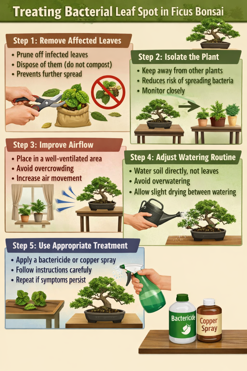 Stepbystep guide to treating bacterial leaf spot in Ficus BonsaiStep 1 Remove affected leavesPrune off infected leaves immediatelyDispose of them do n