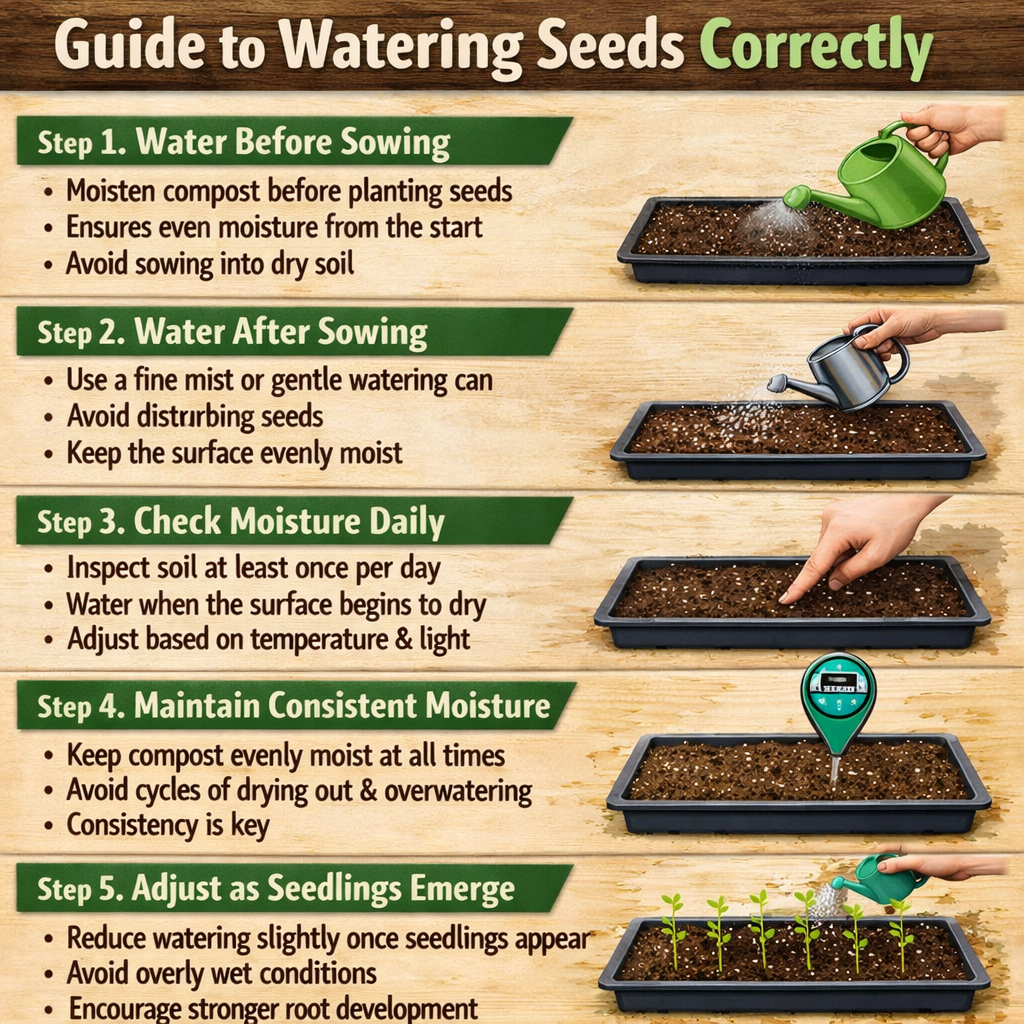 Stepbystep guide to watering seeds correctlyStep 1 Water before sowingMoisten compost before planting seedsEnsures even moisture from the startAvoid s