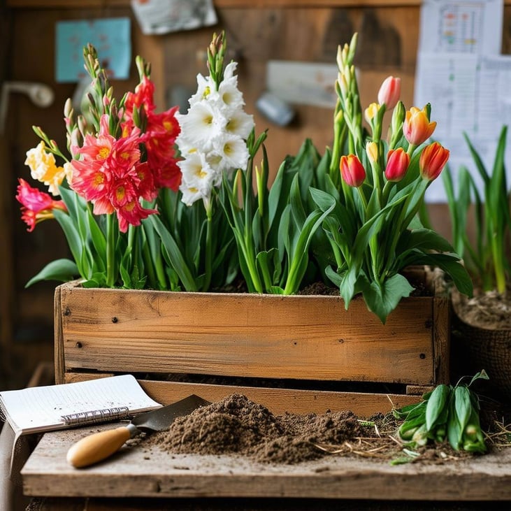 The image features a rustic wooden crate filled with various roots, tubers and flower bulbs, showcasing a collection of dahlias, gladiolus, and tulips