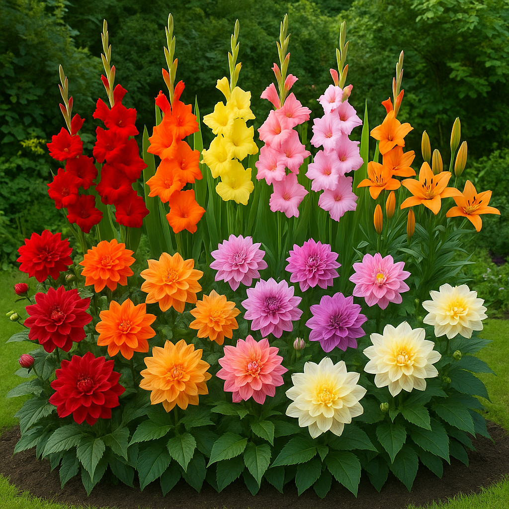 A beautifully arranged garden bed featuring colorf