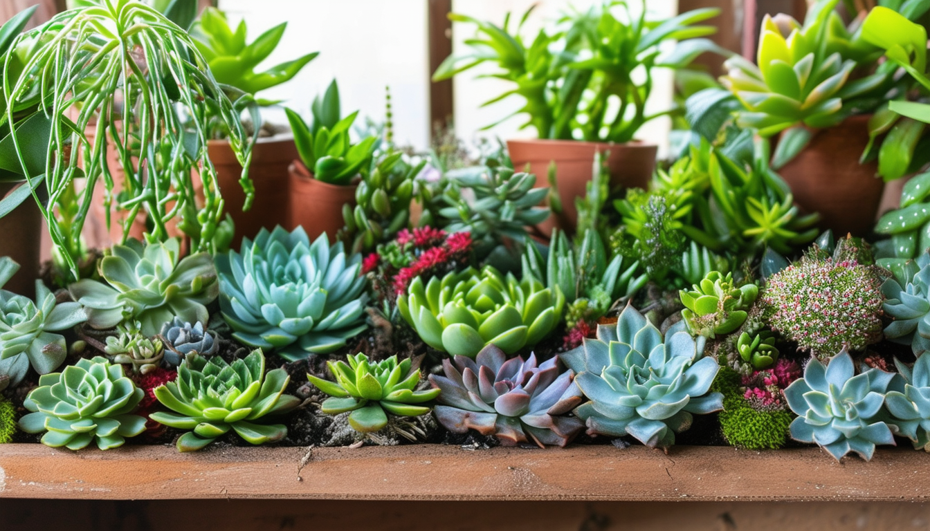 A beautifully arranged indoor succulent garden wit