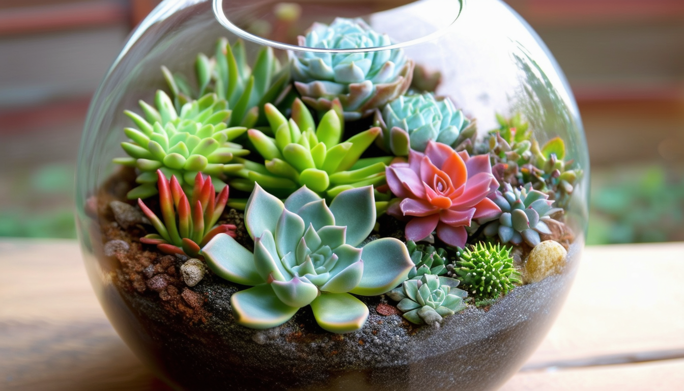 A beautifully arranged terrarium showcasing a vari