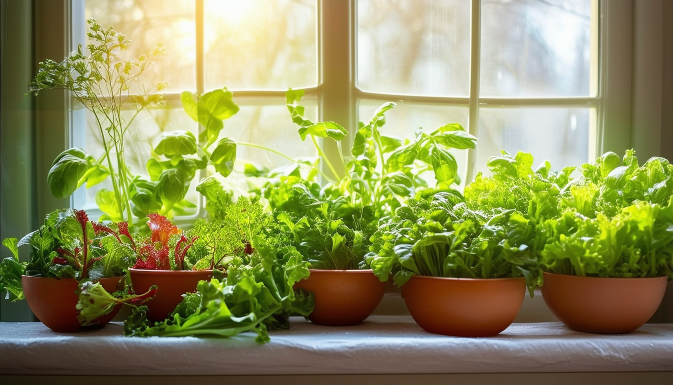 A bright and lush winter salad growing indoors on