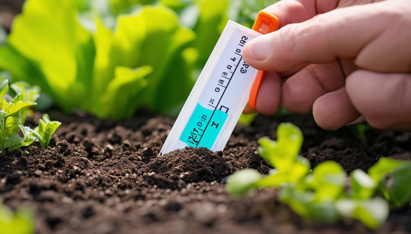 A close-up image of a gardener using a soil pH tes