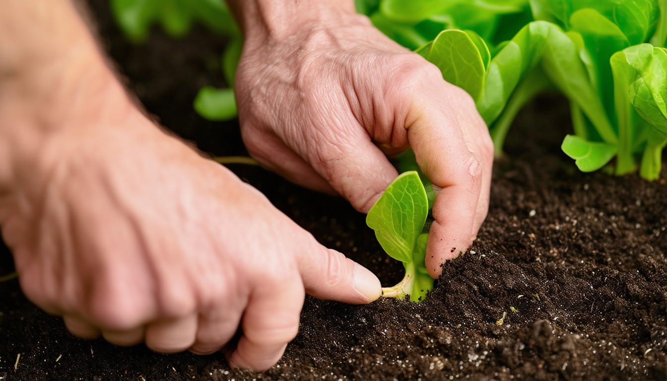 A close-up image of a gardeners hands gently guid