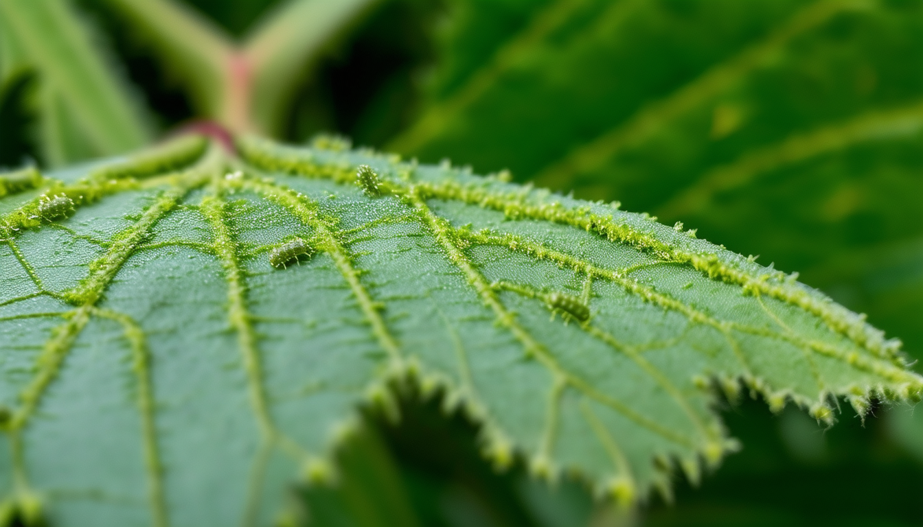 A close-up image of a houseplant leaf with visible