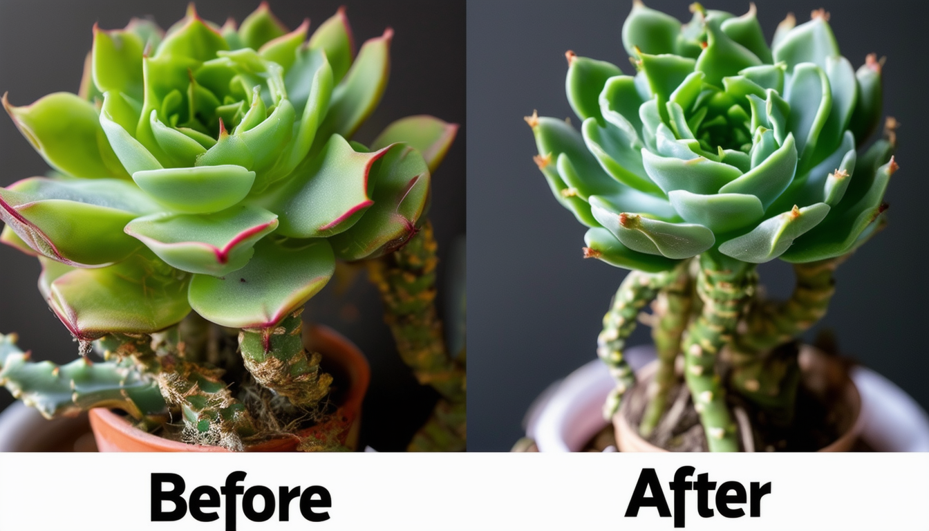 A close-up image of a leggy succulent before and a