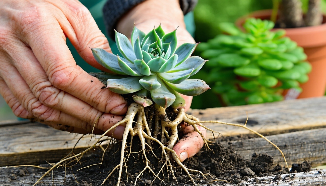 A close-up image of a succulent being repotted, sh