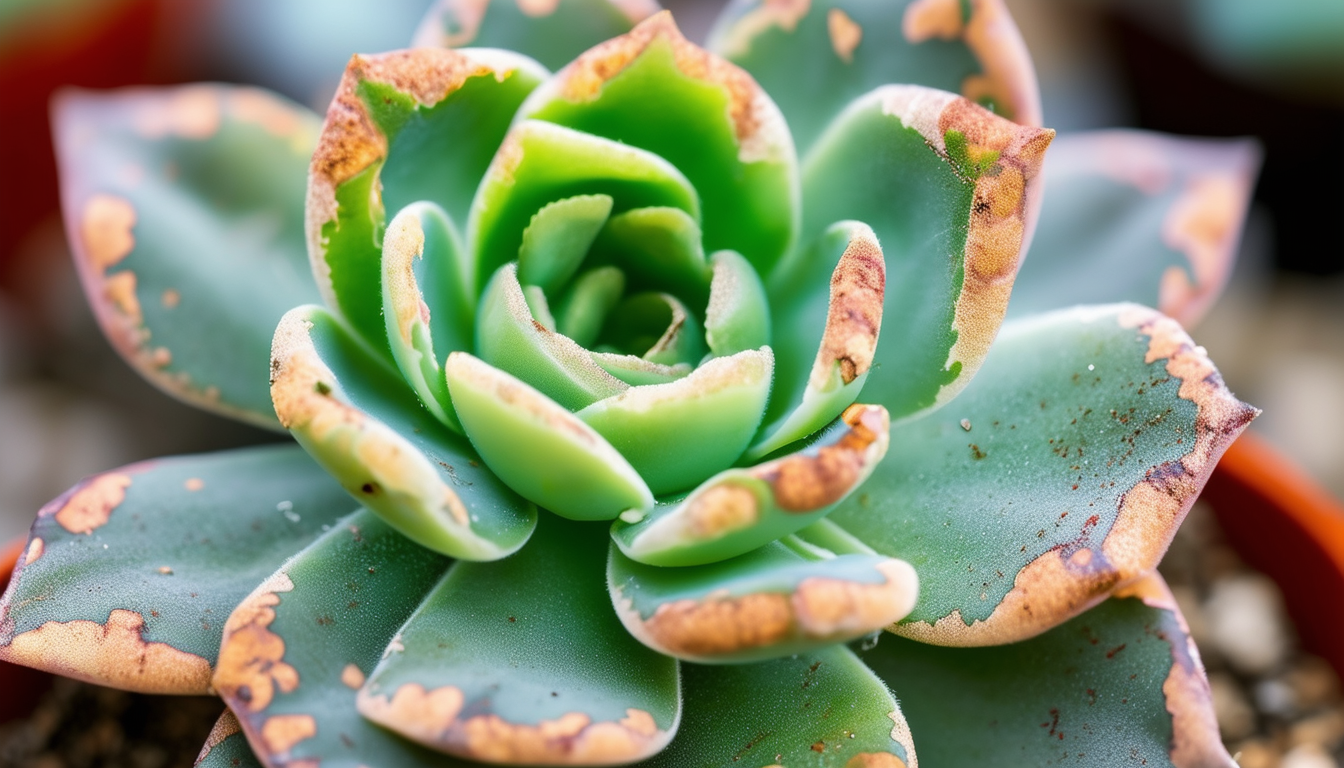 A close-up image of a succulent with brown patches