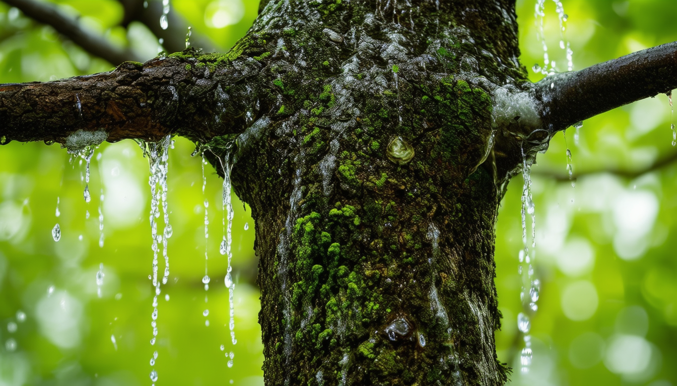 A close-up image of a tree with visible water spro