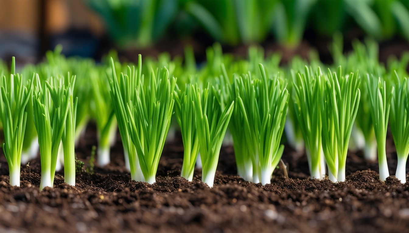 A close-up image of fresh green onion seedlings sp