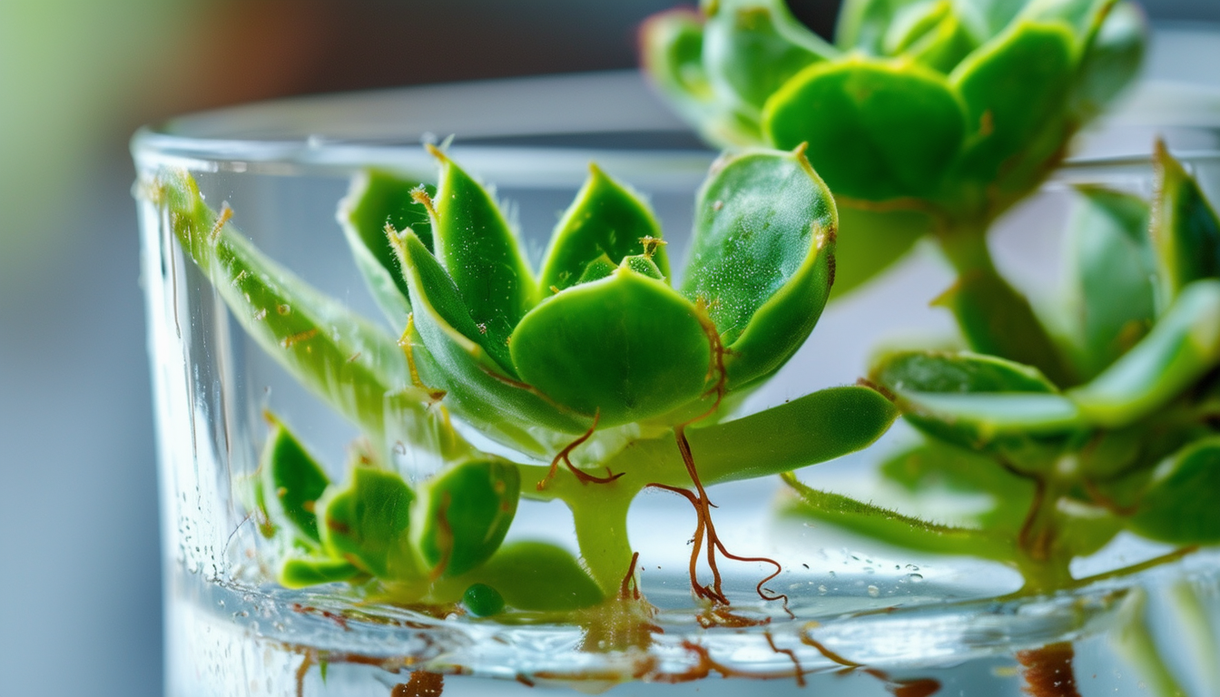 A close-up image of succulent leaves with tiny roo