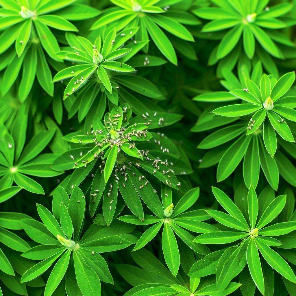 A close-up image of vibrant green lupin plants covered in tiny white flies, with some leaves showing signs of damage.