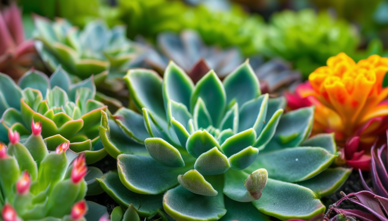 A close-up of a lush succulent garden, showcasing