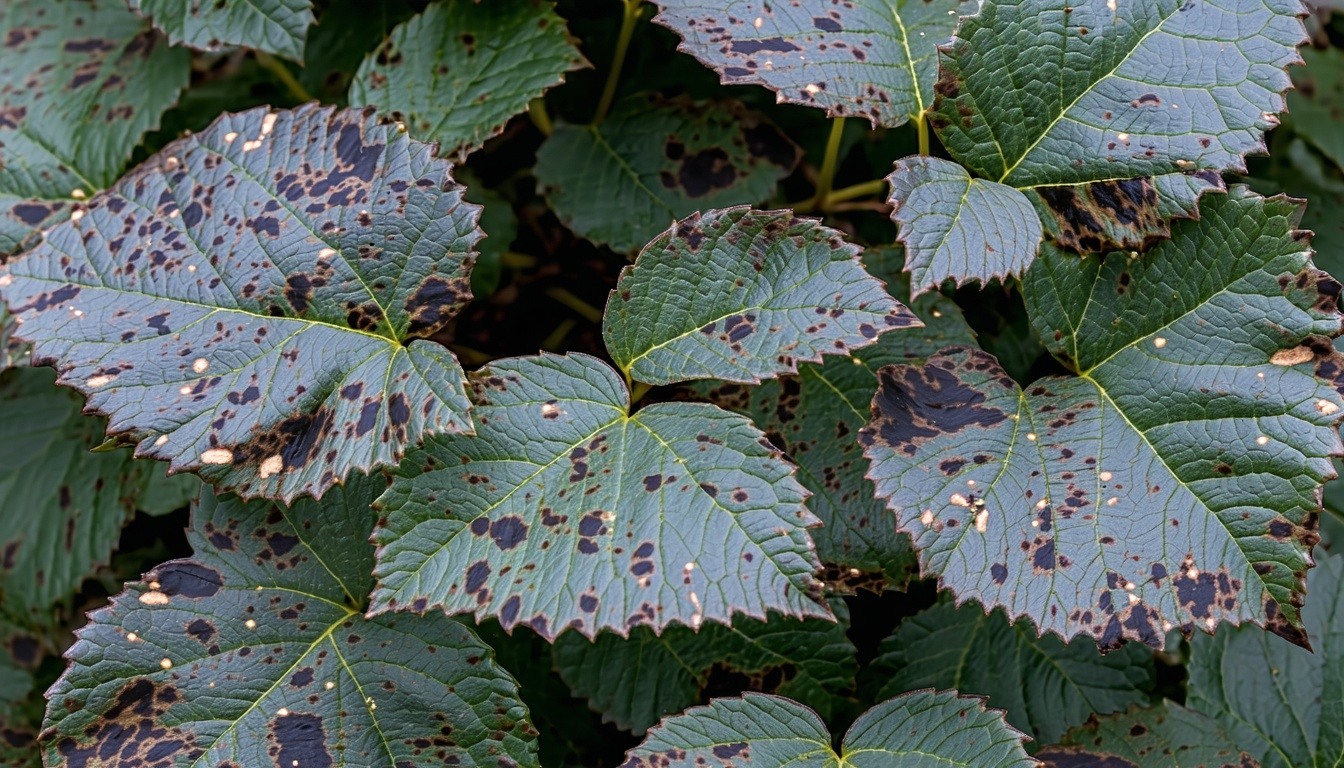 A close-up of rose leaves plagued by black spots,