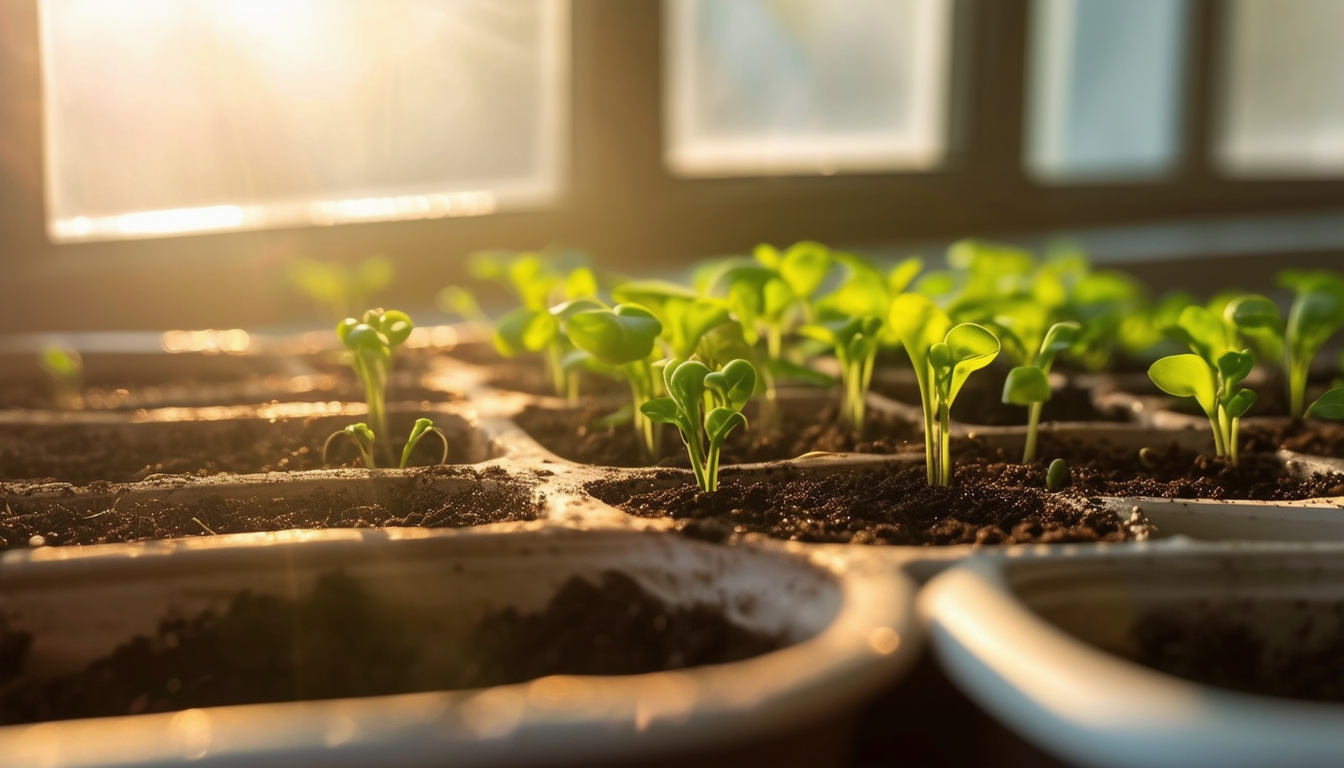 A close-up of seedlings sprouting from soil in sma