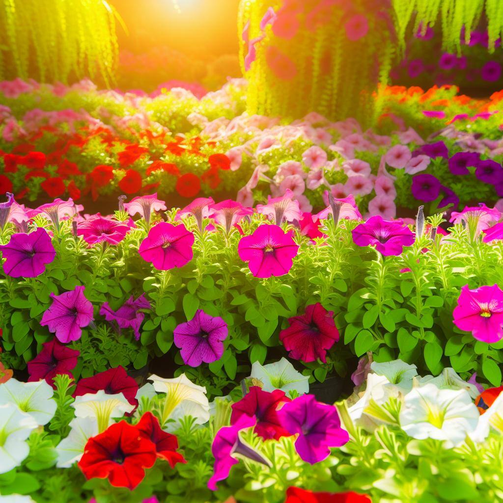 A colorful array of blooming petunias in full bloom, thriving under the summer sun.