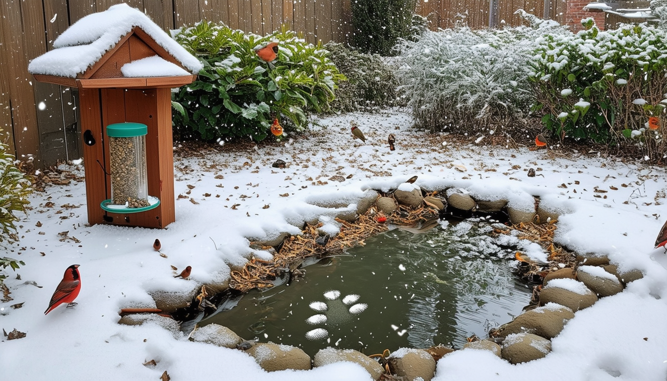 A cozy garden corner with bird feeders, a small po