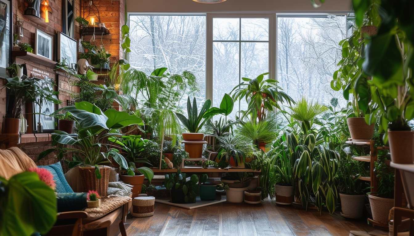 A cozy indoor scene with thriving houseplants, hig