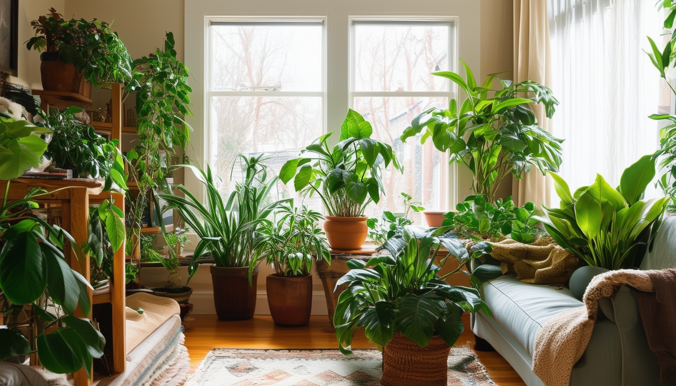 A cozy, well-lit living room with a variety of hea