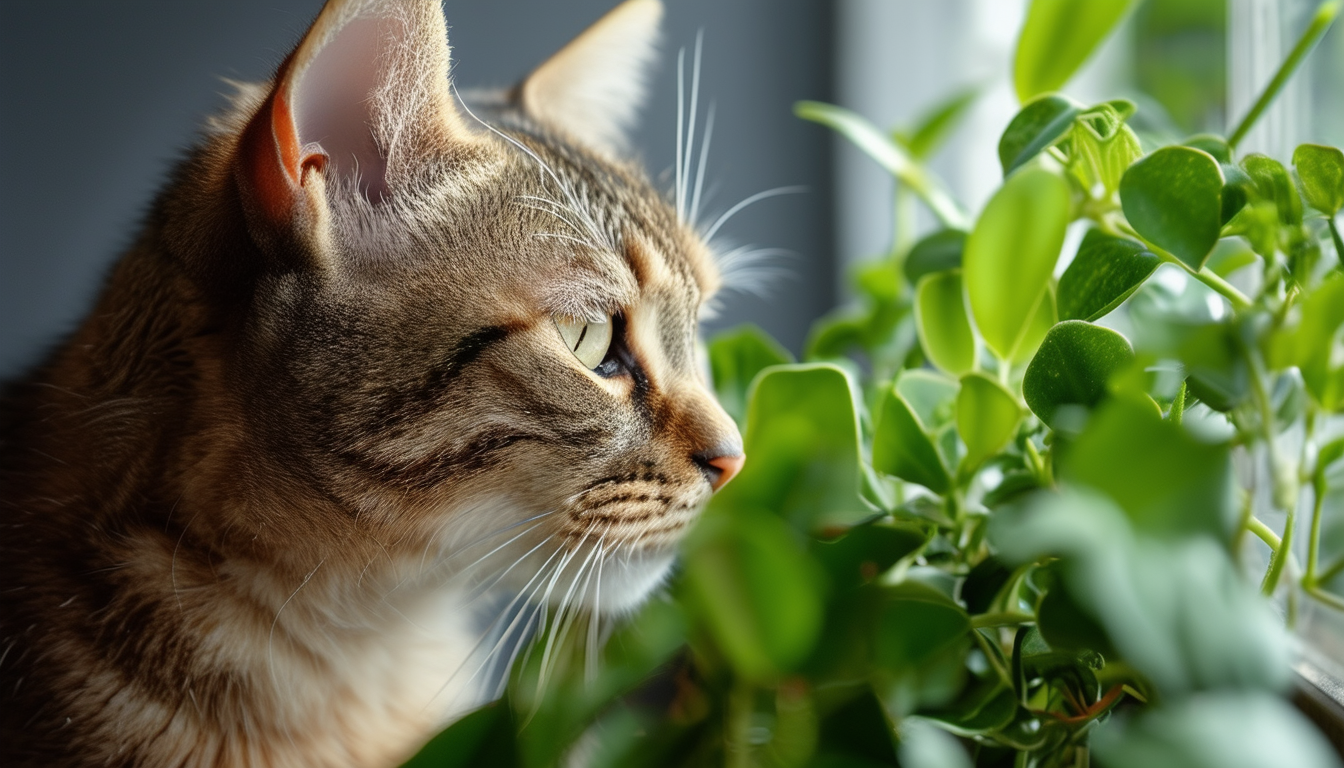 A curious cat sniffing a houseplant, unaware of it